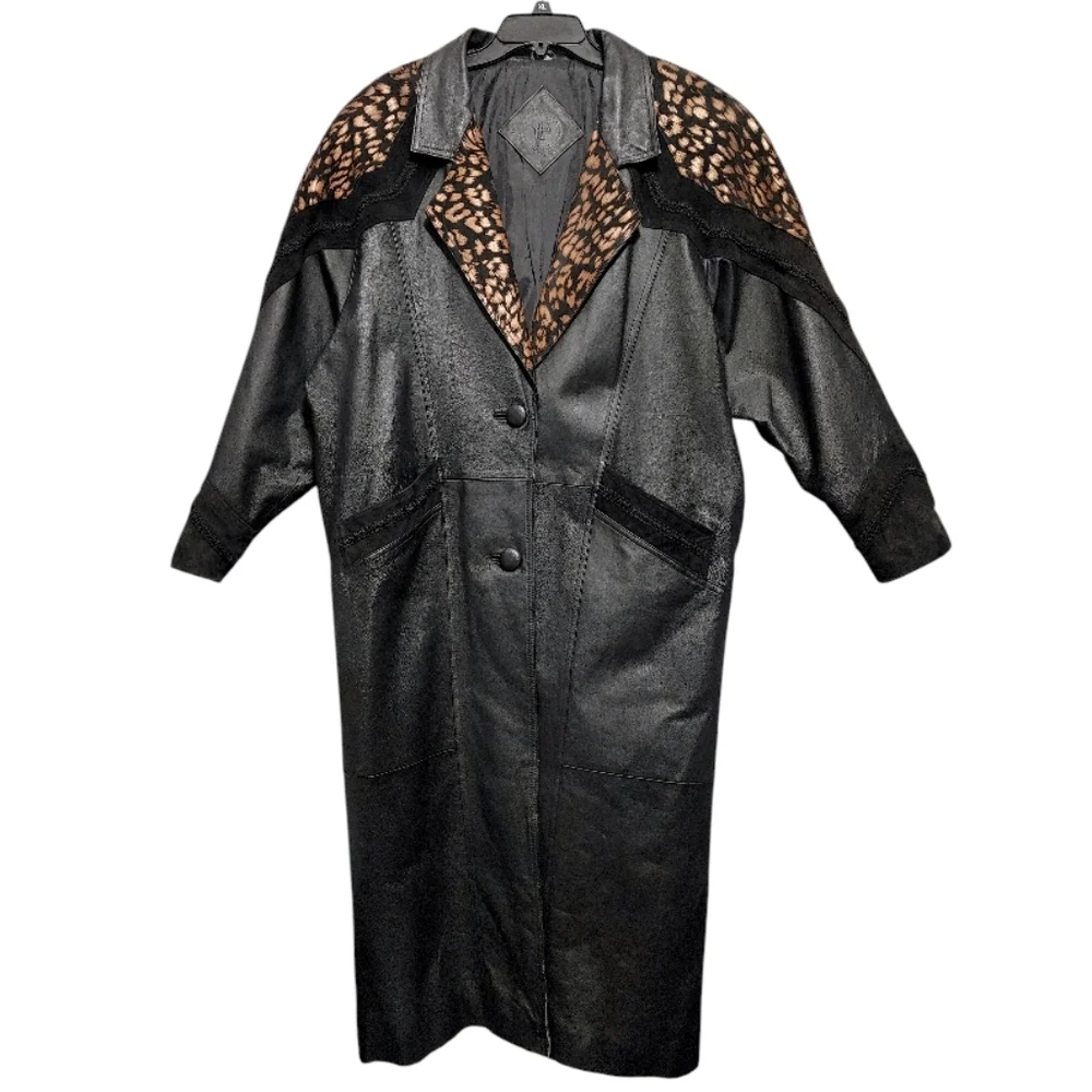 Vintage 80s JF J Ferrar Black Leopard Print Leather Suede Trench Coat Size Large - Picture 13 of 13